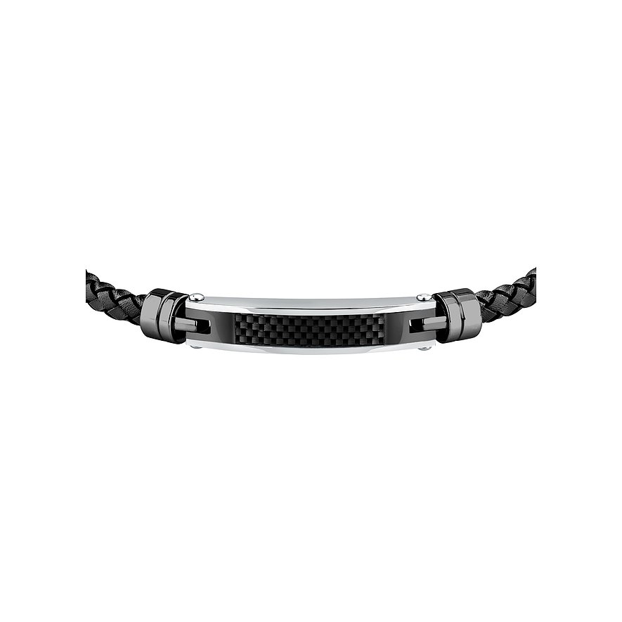 Morellato Herrenarmband aus Edelstahl und Leder mit glänzendem Mittelteil und schwarzem Karbongewebe-Einsatz.