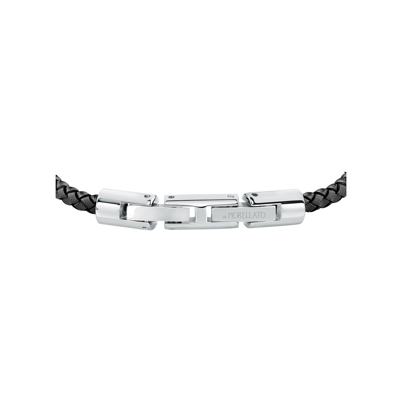 Nahaufnahme des Edelstahlverschlusses eines Morellato Armschmucks aus geflochtenem schwarzem Leder.