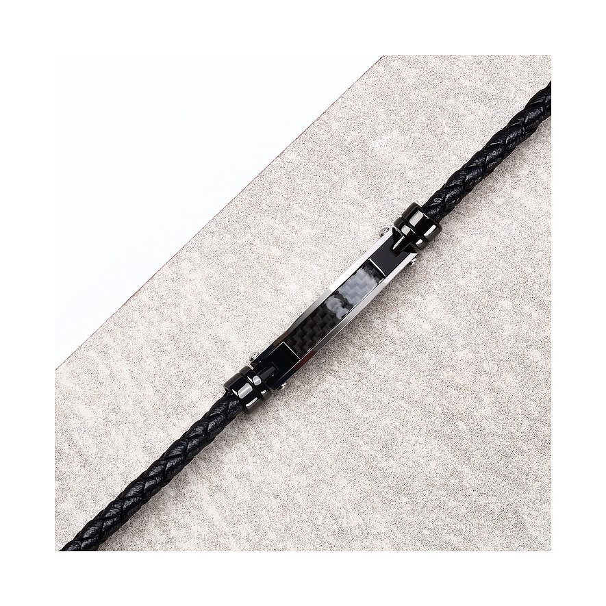 Morellato Armschmuck aus geflochtenem schwarzem Leder mit einem rechteckigen Edelstahl-Element in der Mitte.