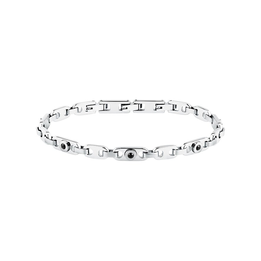 Morellato Armband aus Edelstahl mit Kettengliedern und eingelassenen schwarzen Zirkonia, frontal mittig auf weißem Grund.