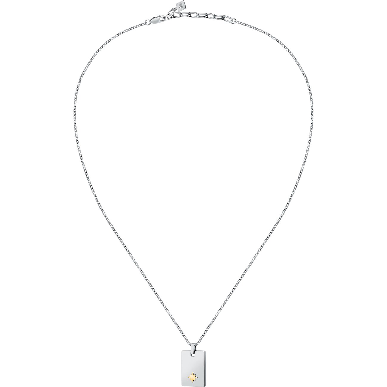 Collier Morellato : Acier inoxydable, fine chaîne à maillons, pendentif rectangulaire avec étoile dorée.
