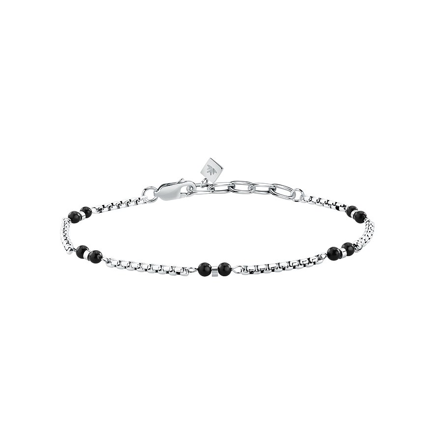 Morellato armband i rostfritt stål med svarta onyxpärlor, karbinhaklås och en logoplakett.