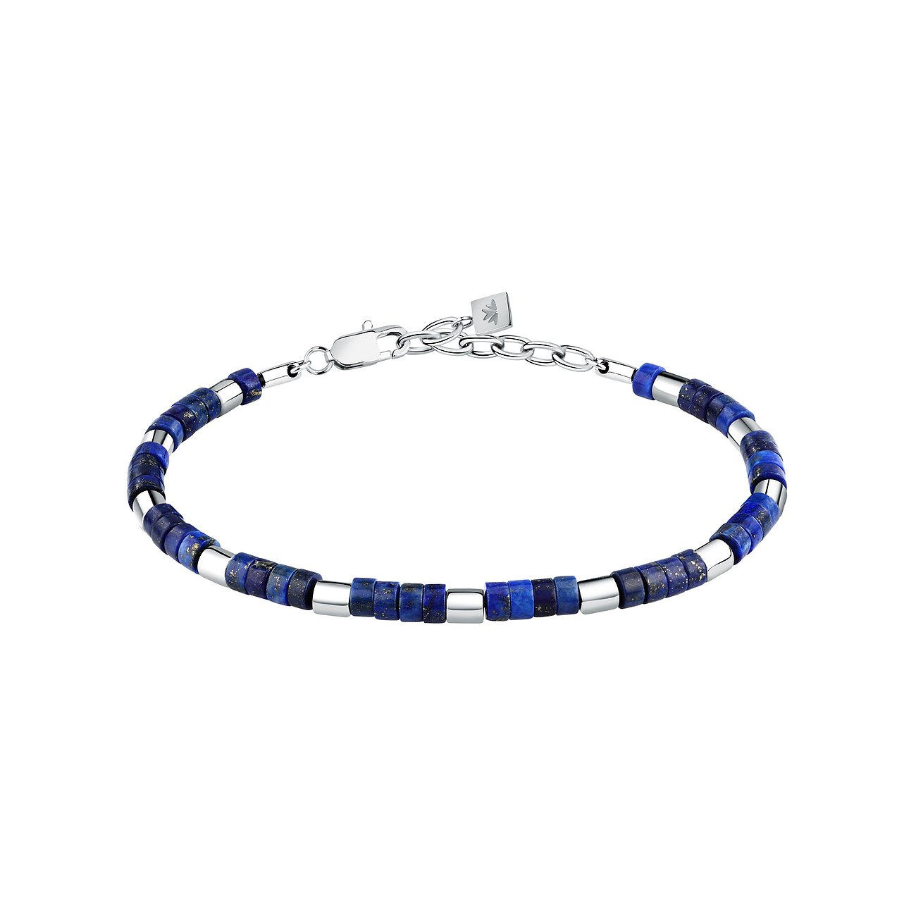 Morellato Armschmuck aus Edelstahl mit Lapislazuli-Farbsteinen in Stab- und Würfelform, von oben fotografiert.