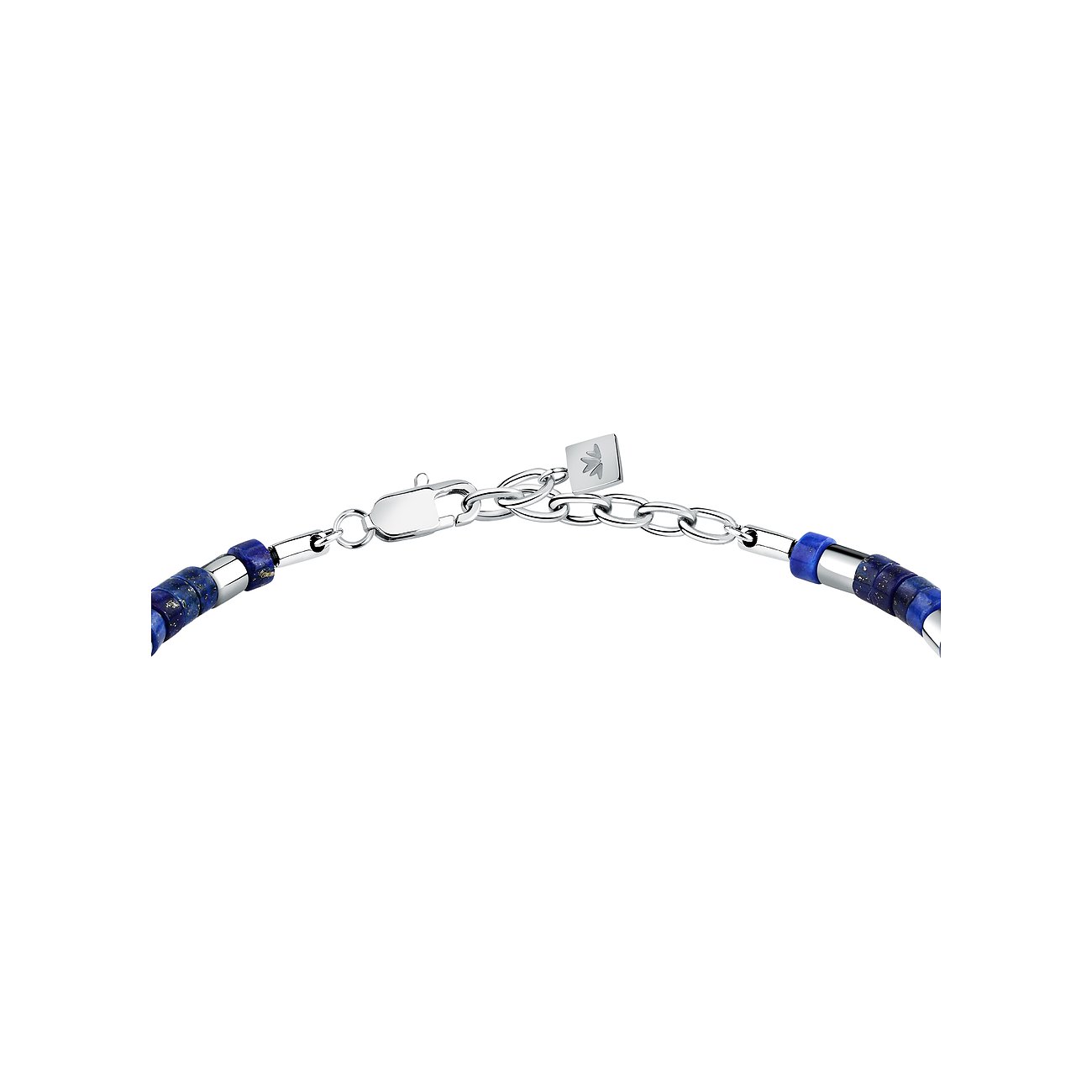 Detailansicht des Verschlusses eines Morellato Edelstahl-Armschmucks mit Lapislazuli-Farbsteinen.
