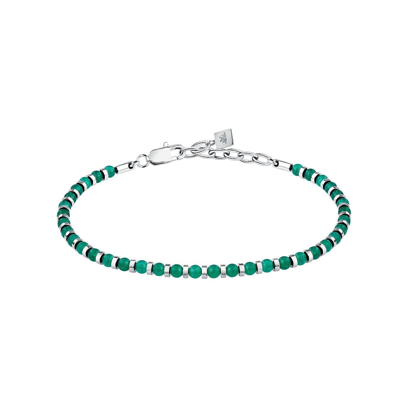 Morellato armband i rostfritt stål med gröna agatfärgade stenar och små silverfärgade mellanpärlor.