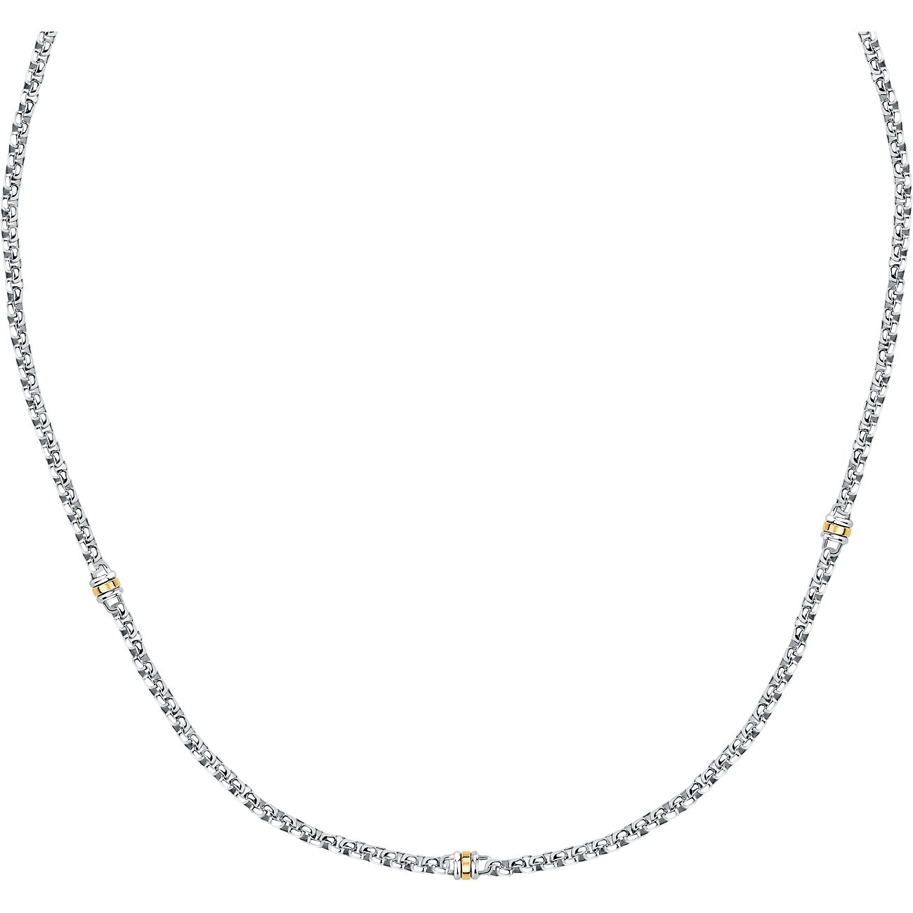 Collier Morellato en acier inoxydable et or jaune, un long sautoir avec trois accents cylindriques dorés.