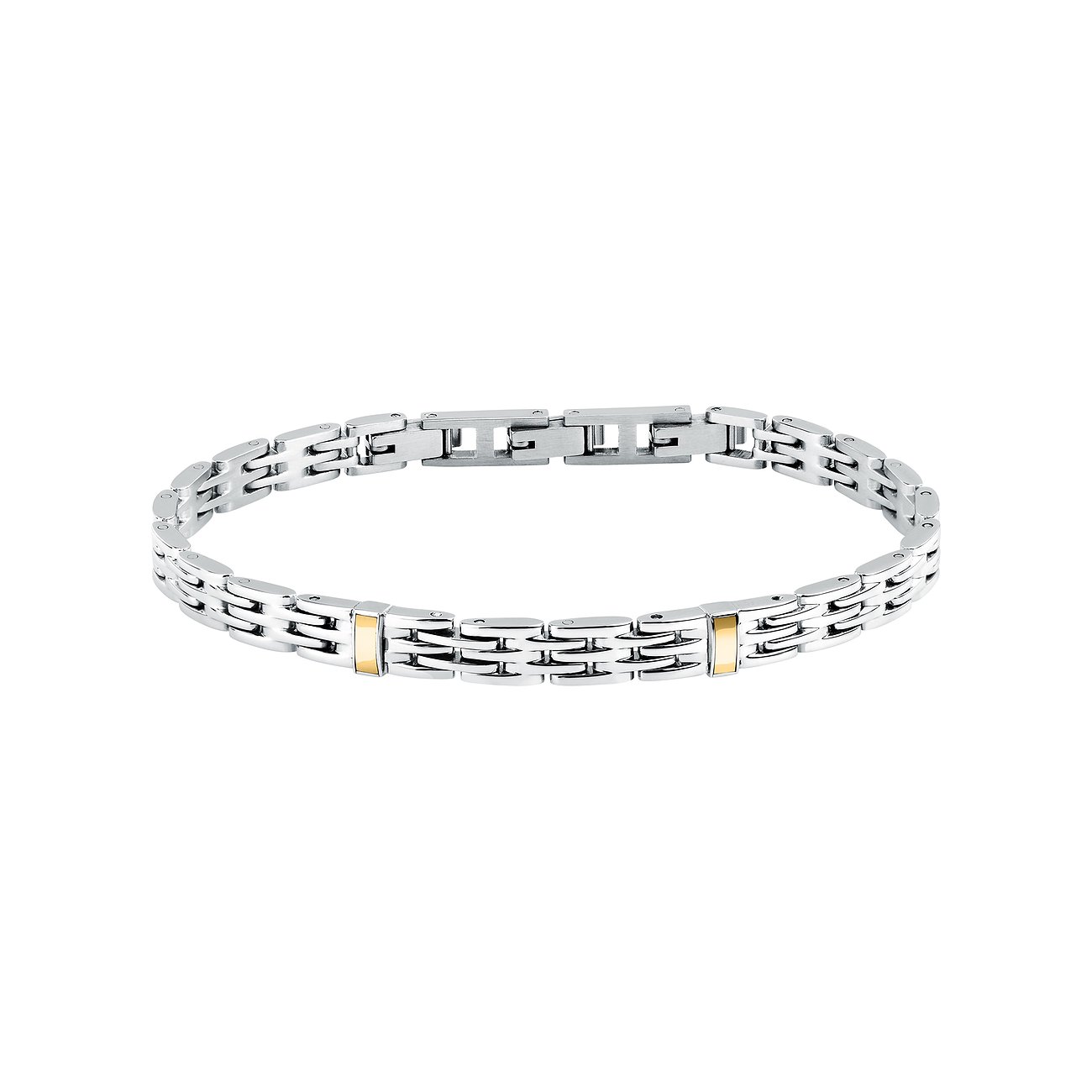 Morellato armbånd i rustfrit stål med guld-look-detaljer, centralt placeret på hvid baggrund.