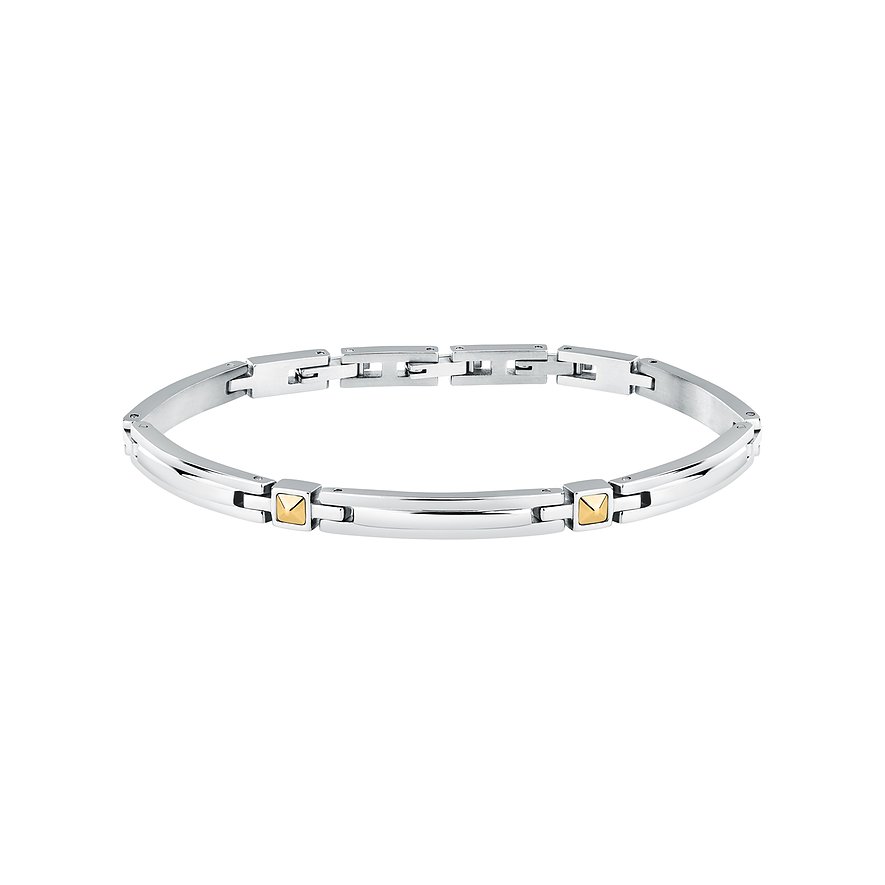 Morellato Armschmuck aus Edelstahl mit Gelbgold-Akzenten in Würfelform auf weißen Feldern.