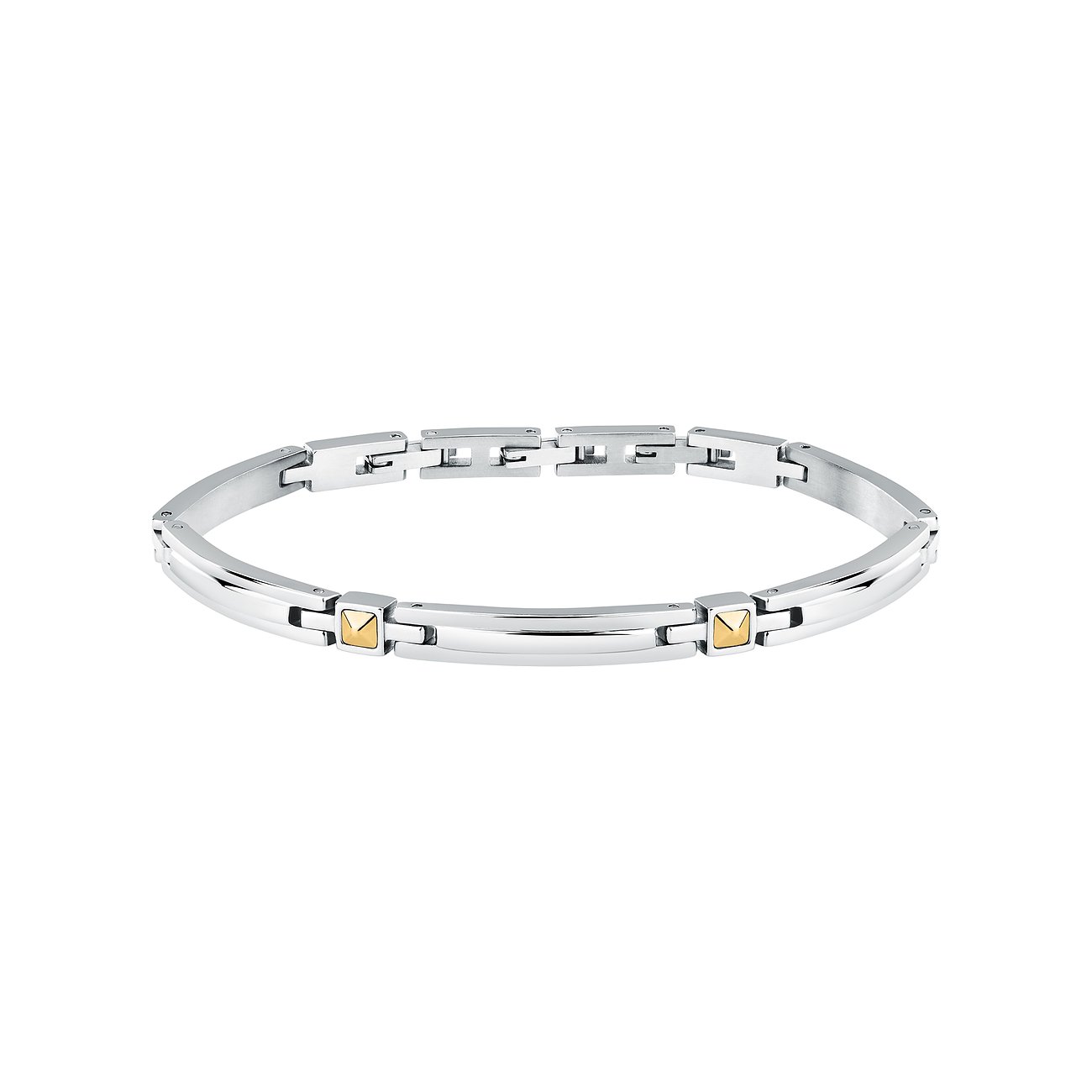 Morellato Armschmuck aus Edelstahl mit Gelbgold-Akzenten in Würfelform auf weißen Feldern.