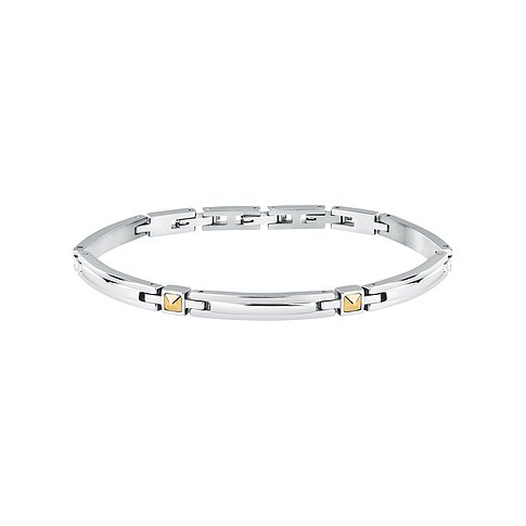 Morellato Armschmuck aus Edelstahl mit Gelbgold-Akzenten in Würfelform auf weißen Feldern.