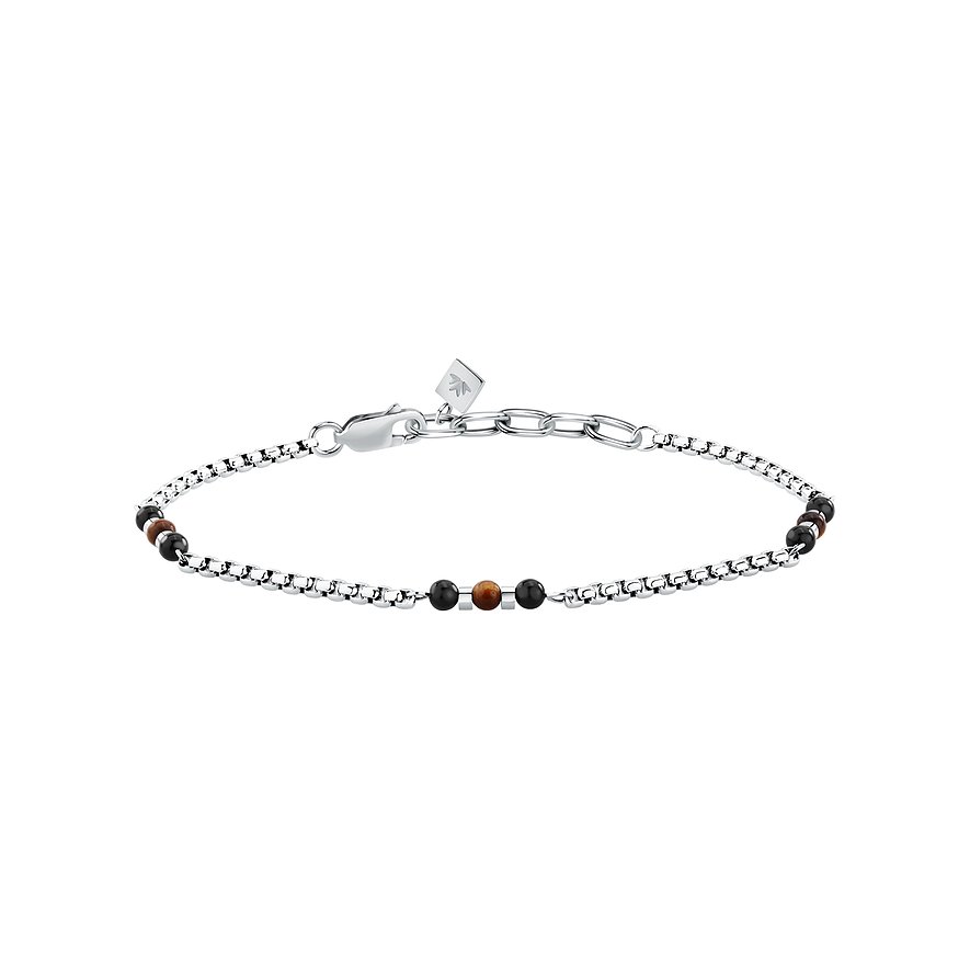 Morellato Edelstahlarmband mit Onyx. Silberfarbenes Kettenarmband mit schwarzen und braunen Perlen.