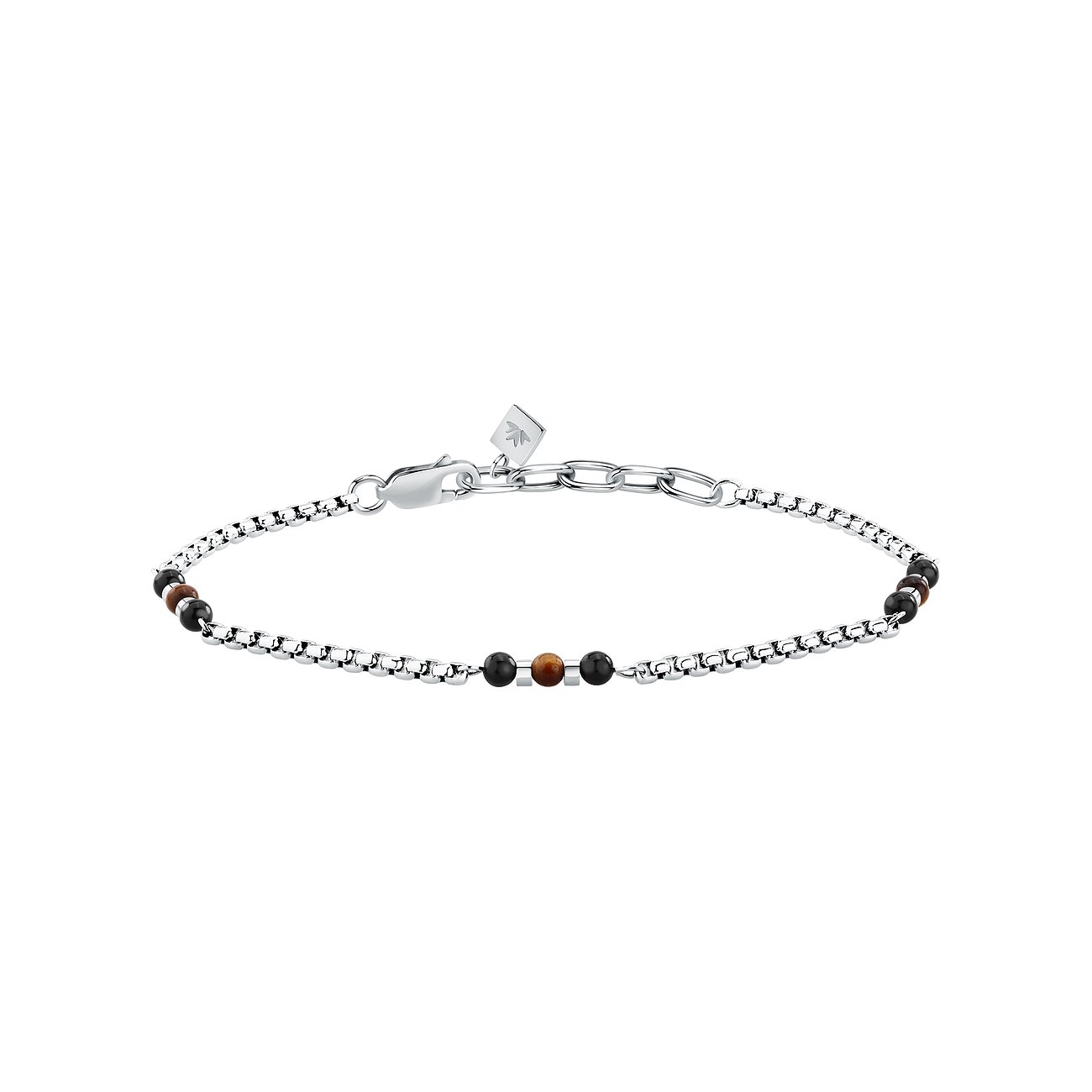 Morellato Edelstahlarmband mit Onyx. Silberfarbenes Kettenarmband mit schwarzen und braunen Perlen.