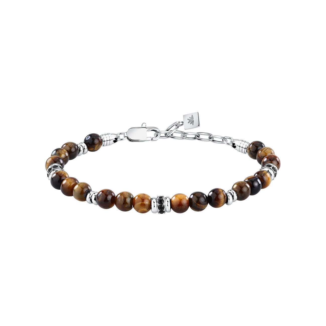 Morellato Edelstahlarmband mit braunen Tigerauge-Perlen und zentriertem Element mit kleinen schwarzen Schmucksteinen.