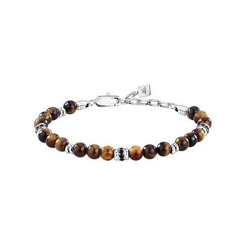 Morellato Edelstahlarmband mit braunen Tigerauge-Perlen und zentriertem Element mit kleinen schwarzen Schmucksteinen.
