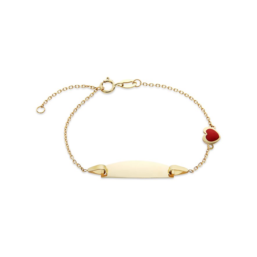 FAVS Little Friends Kinderarmband aus 375er Gelbgold mit Gravurplatte und rot-emailliertem Herzanhänger.