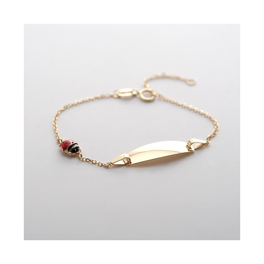 FAVS Little Friends Identitätsarmband aus 375er Gelbgold mit Marienkäfer-Motiv und glänzender Plakette.