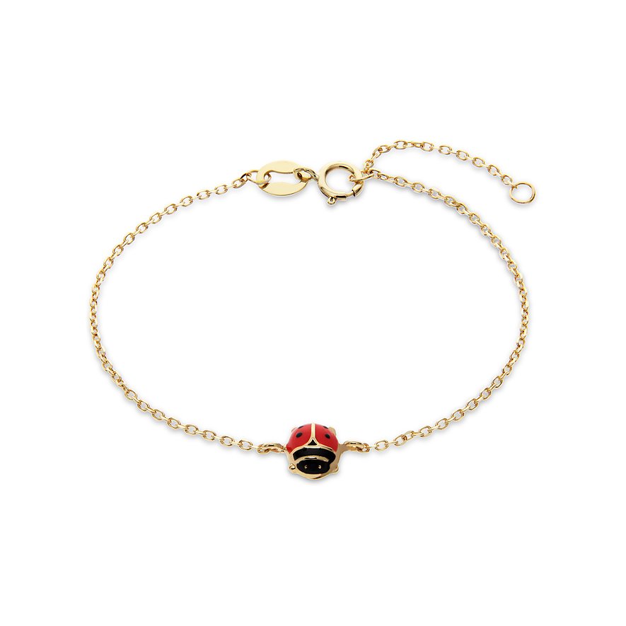 FAVS Little Friends Armschmuck aus 375er Gelbgold mit einem kleinen Marienkäfer-Anhänger in Rot und Schwarz.