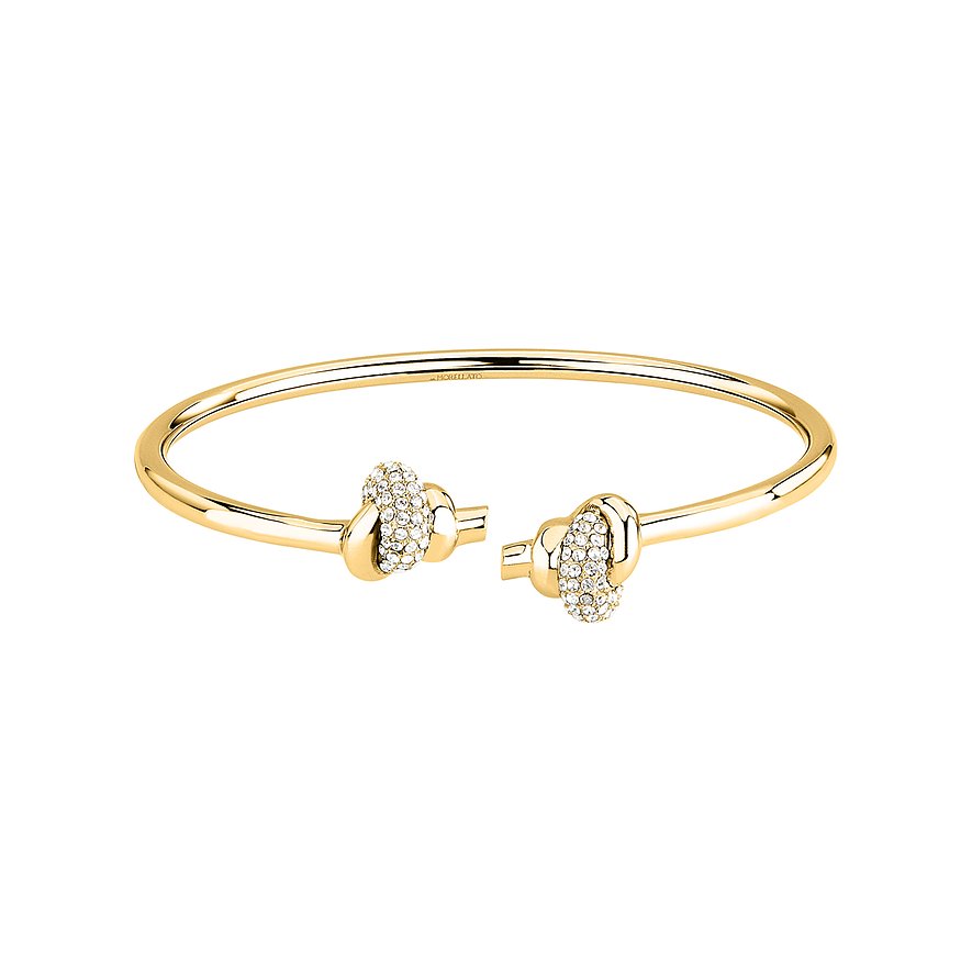 Bracelet jonc Morellato en acier inoxydable doré avec deux nœuds détaillés et sertis de cristaux.
