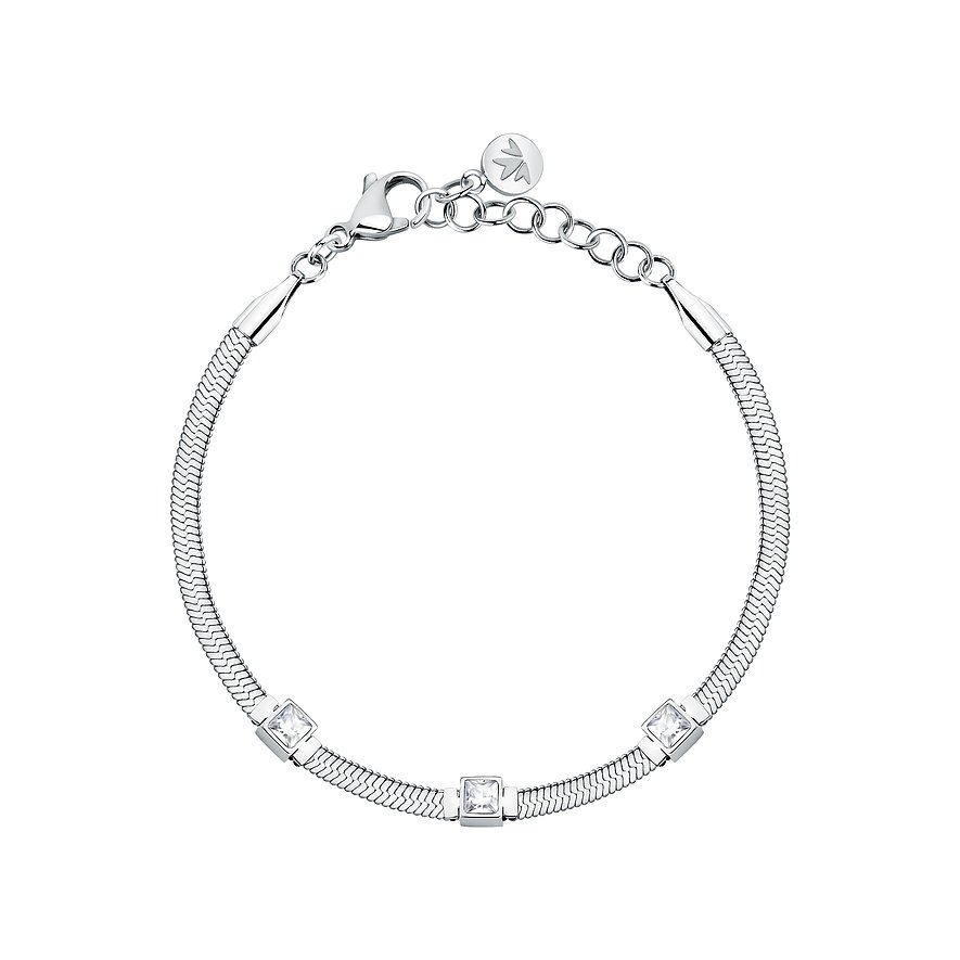 Morellato Armschmuck aus Edelstahl mit drei carré-geschliffenen Kristallen auf schlangenförmigem Armband.