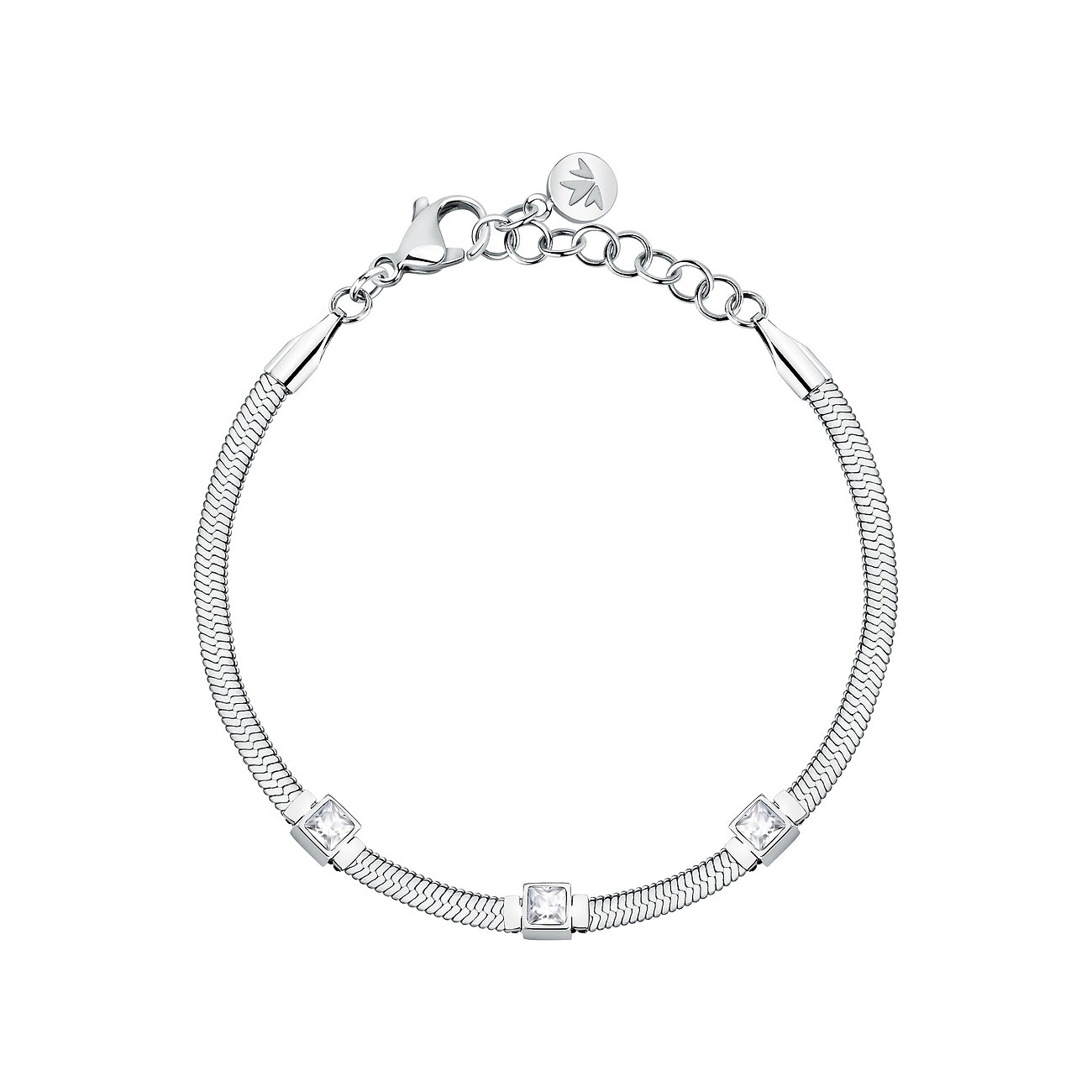 Morellato Armschmuck aus Edelstahl mit drei carré-geschliffenen Kristallen auf schlangenförmigem Armband.