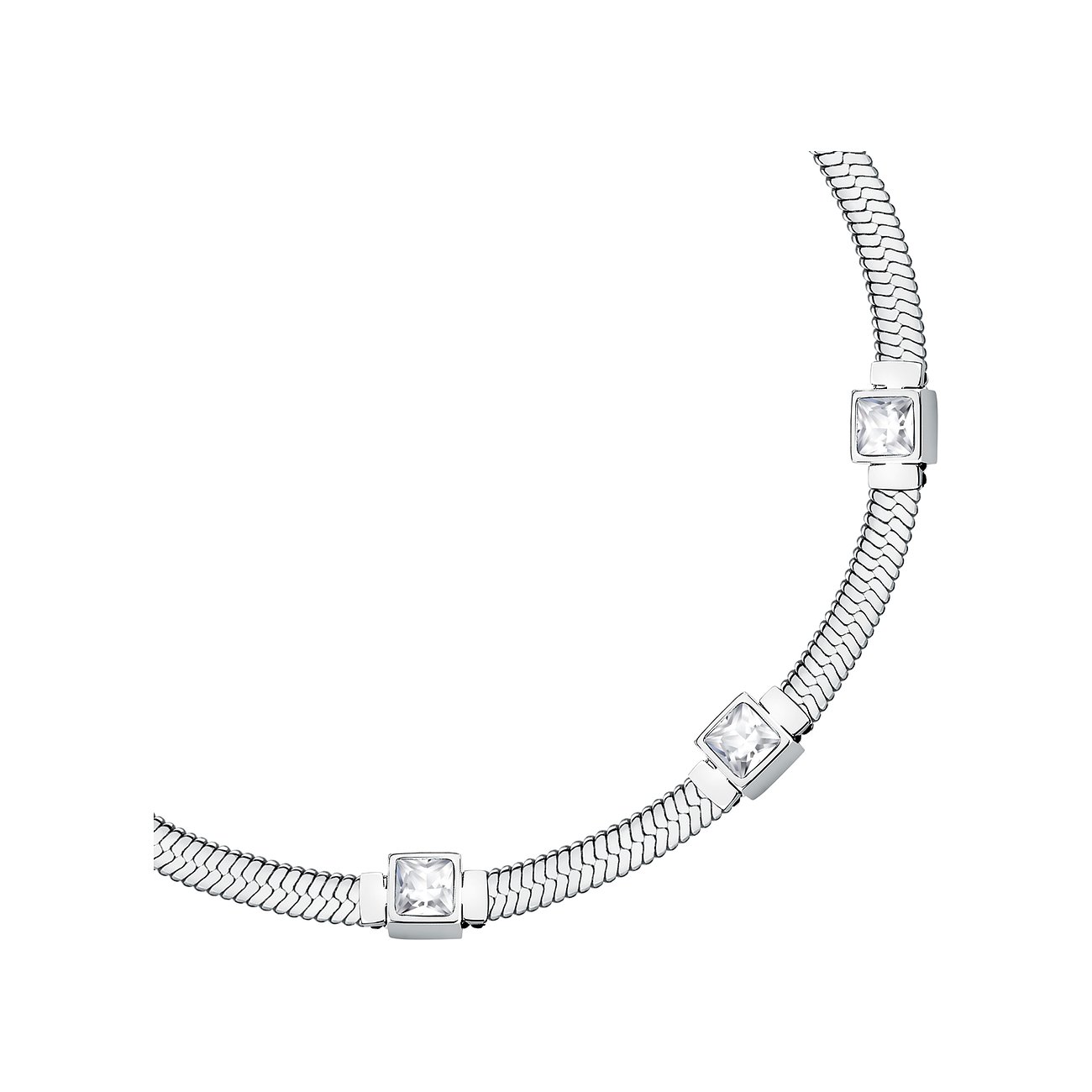 Ein silbernes Morellato Armband aus Edelstahl mit drei quadratisch geschliffenen weißen Kristall-Farbsteinen.