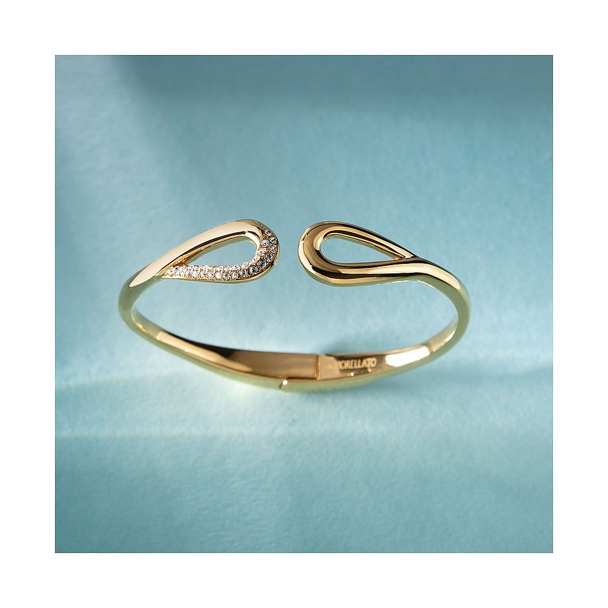 Ein goldenes Morellato Armband aus Edelstahl mit geschwungenen Enden, von denen eines mit Kristallen verziert ist.