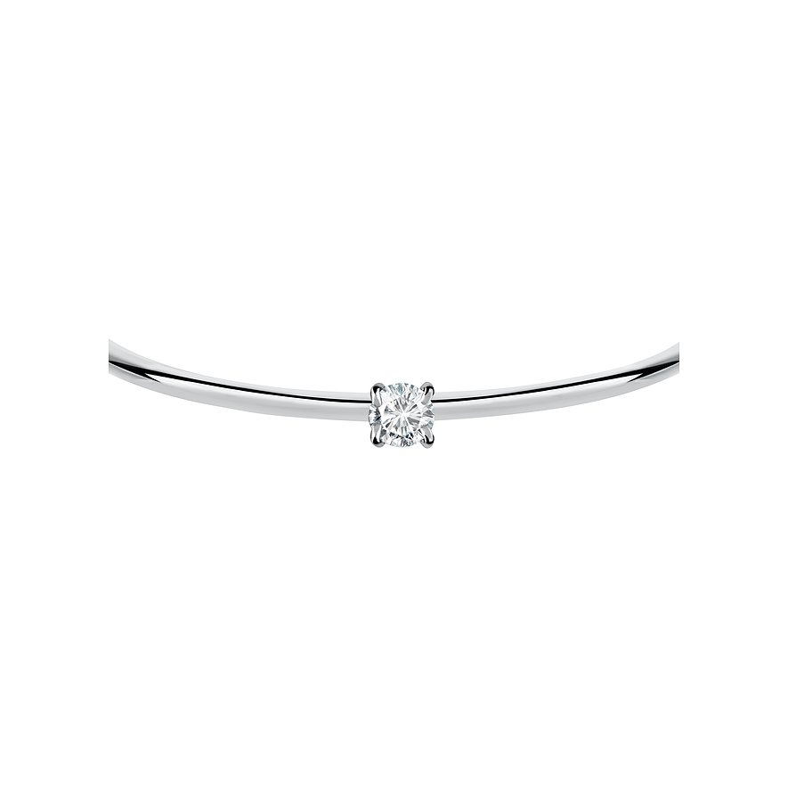 Close-up van een zilverkleurig roestvrijstalen Morellato armband. Een ronde kristal siert het midden.