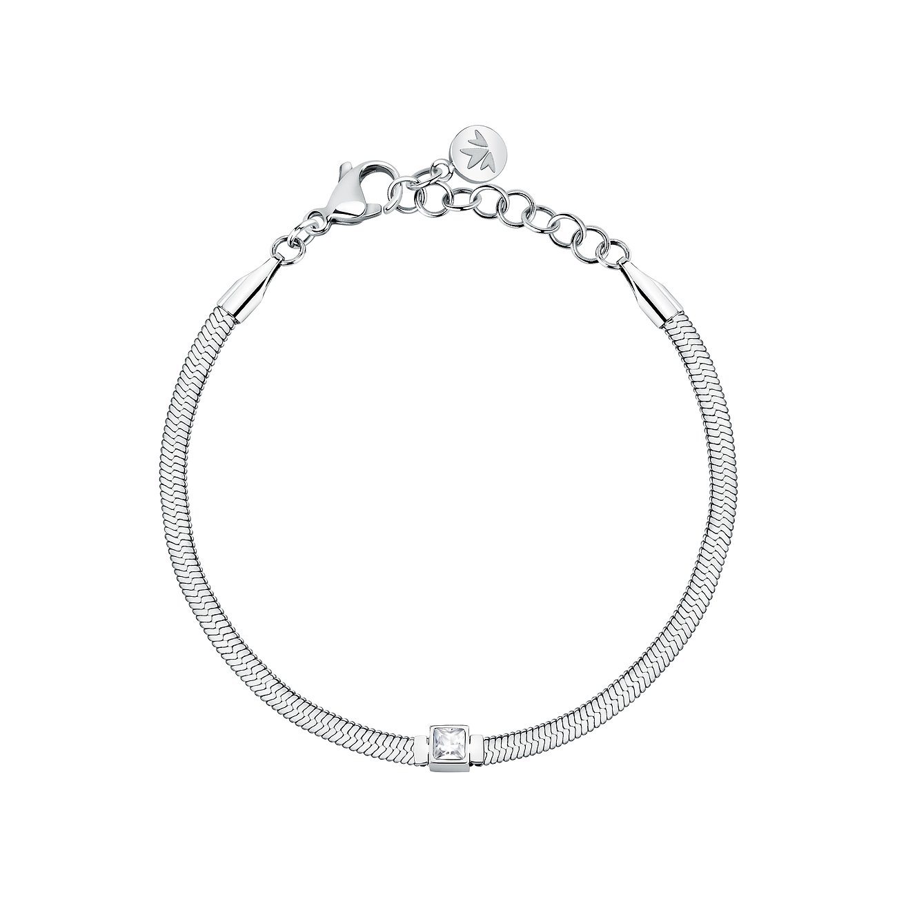 Bracciale Morellato in acciaio inossidabile con catena a serpente e un cristallo quadrato centrale.