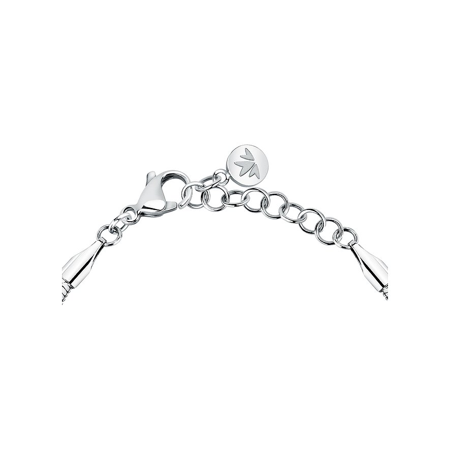 Chiusura di un bracciale Morellato in acciaio inossidabile lucido con moschettone e catena di estensione.