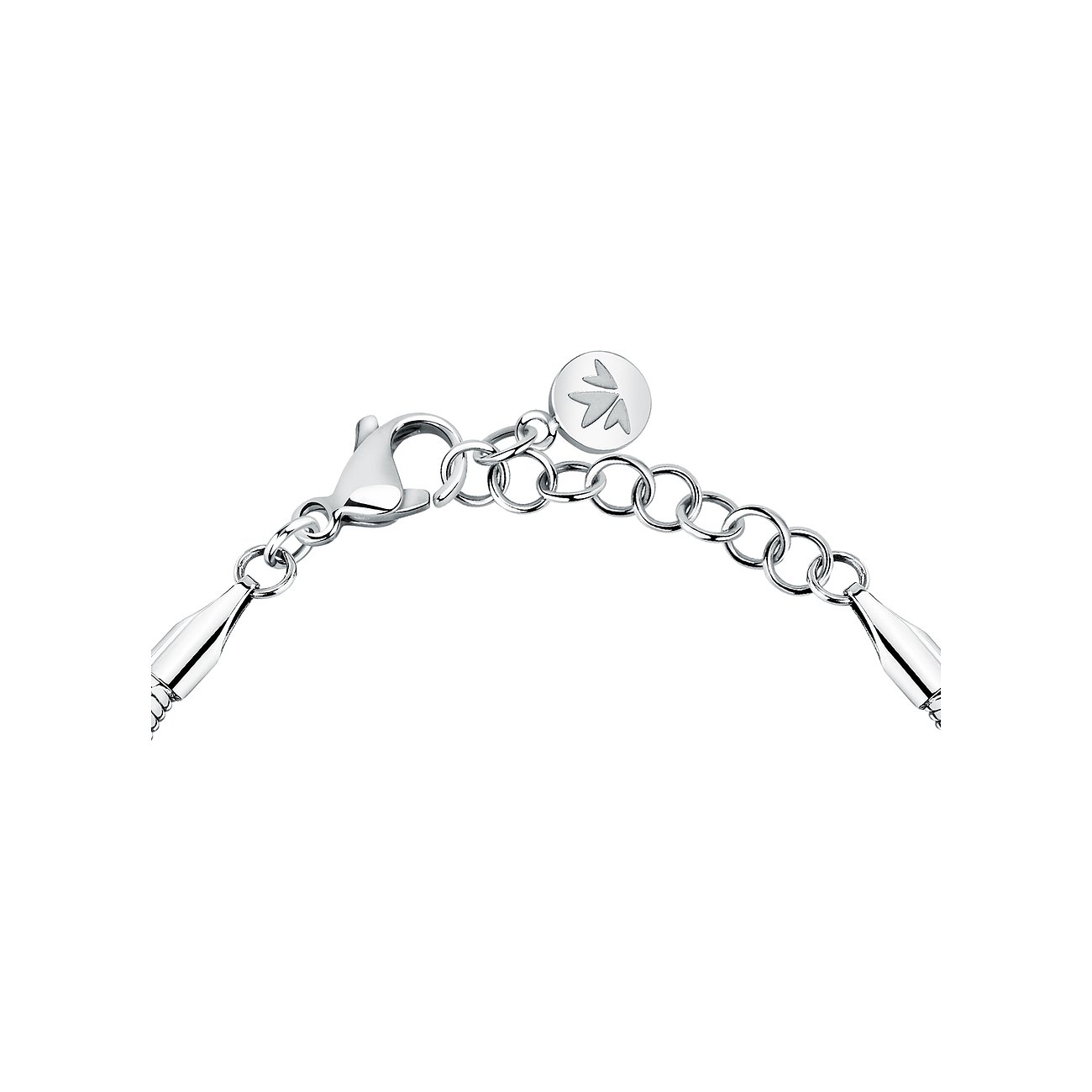 Chiusura di un bracciale Morellato in acciaio inossidabile lucido con moschettone e catena di estensione.