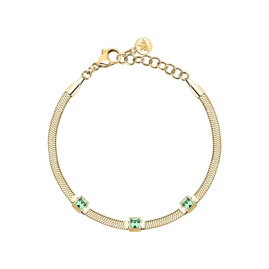 Un bracciale Morellato dorato in acciaio inossidabile con catena a serpente e tre gemme quadrate di cristallo verde.