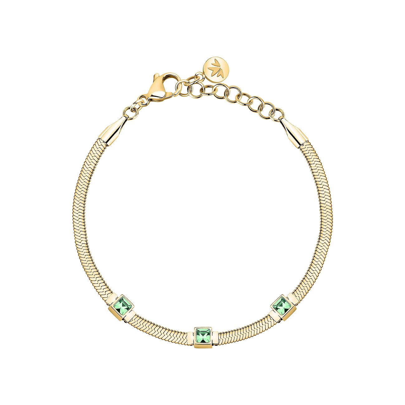 Un bracciale Morellato dorato in acciaio inossidabile con catena a serpente e tre gemme quadrate di cristallo verde.