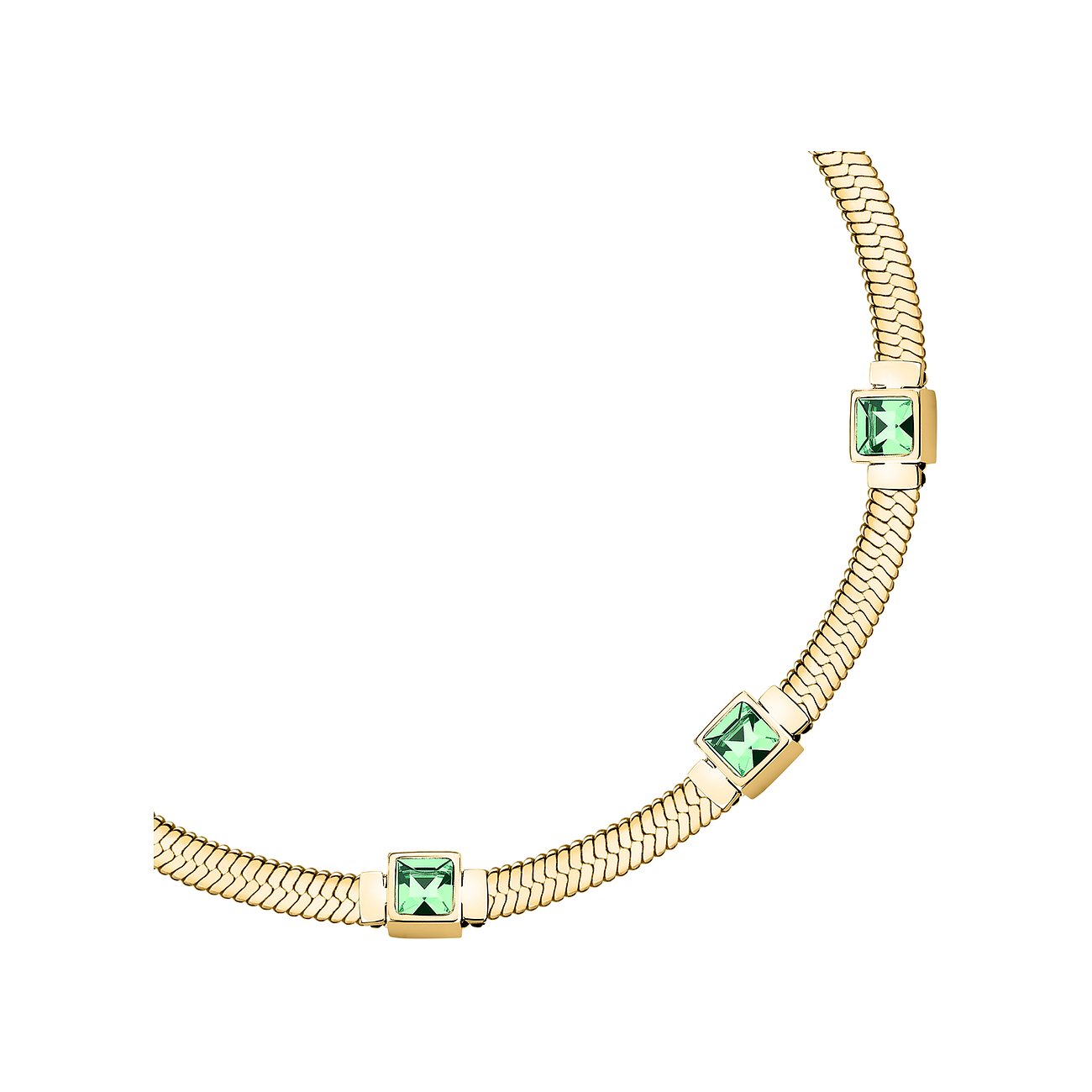 Bracciale Morellato in acciaio inossidabile color oro con tre cristalli quadrati verdi.