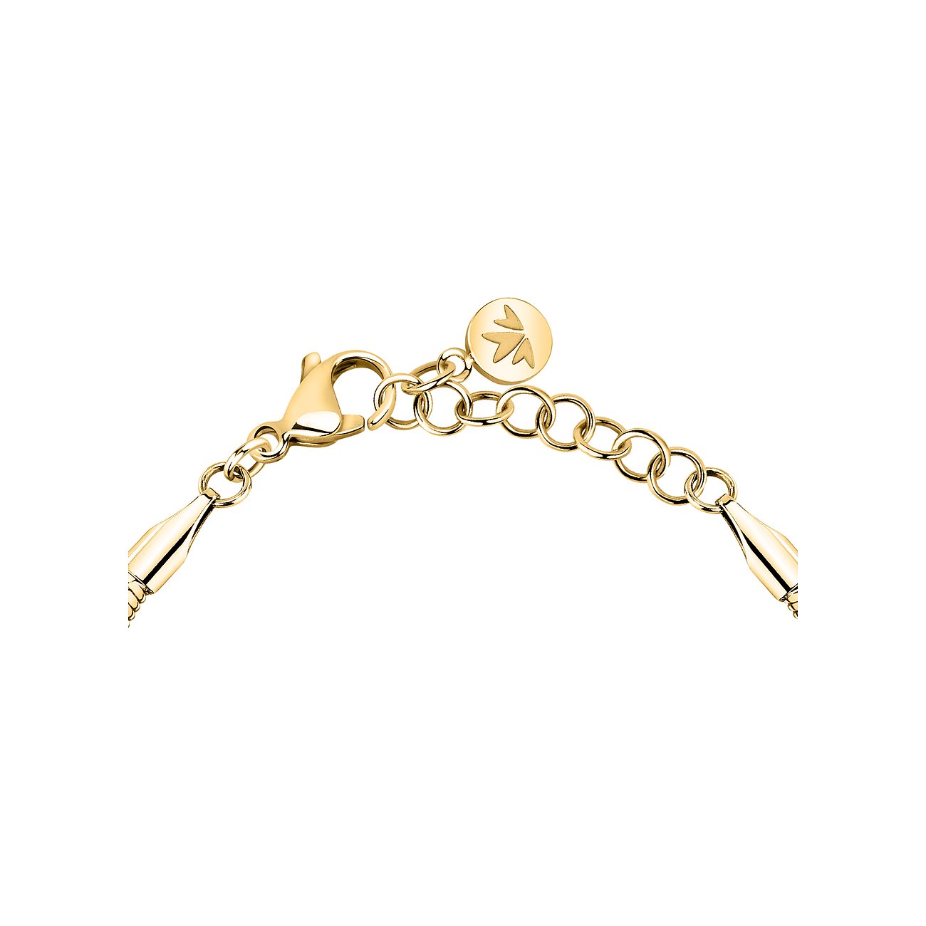 Primo piano della chiusura di un bracciale Morellato color oro in acciaio inossidabile con catena di estensione.