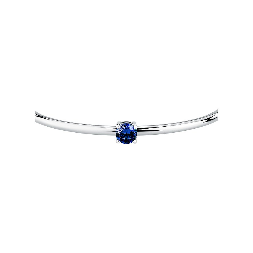 Nærbillede af et Morellato armbånd i rustfrit stål med en enkelt, rund blå zirkonia farvesten.