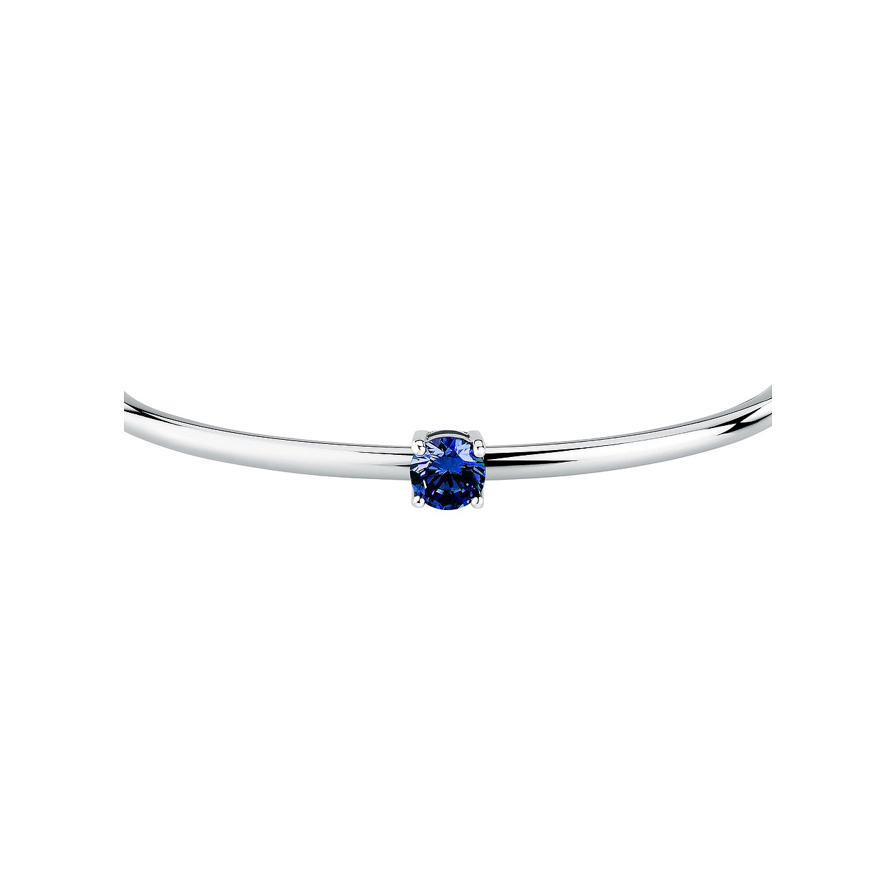Nærbillede af et Morellato armbånd i rustfrit stål med en enkelt, rund blå zirkonia farvesten.