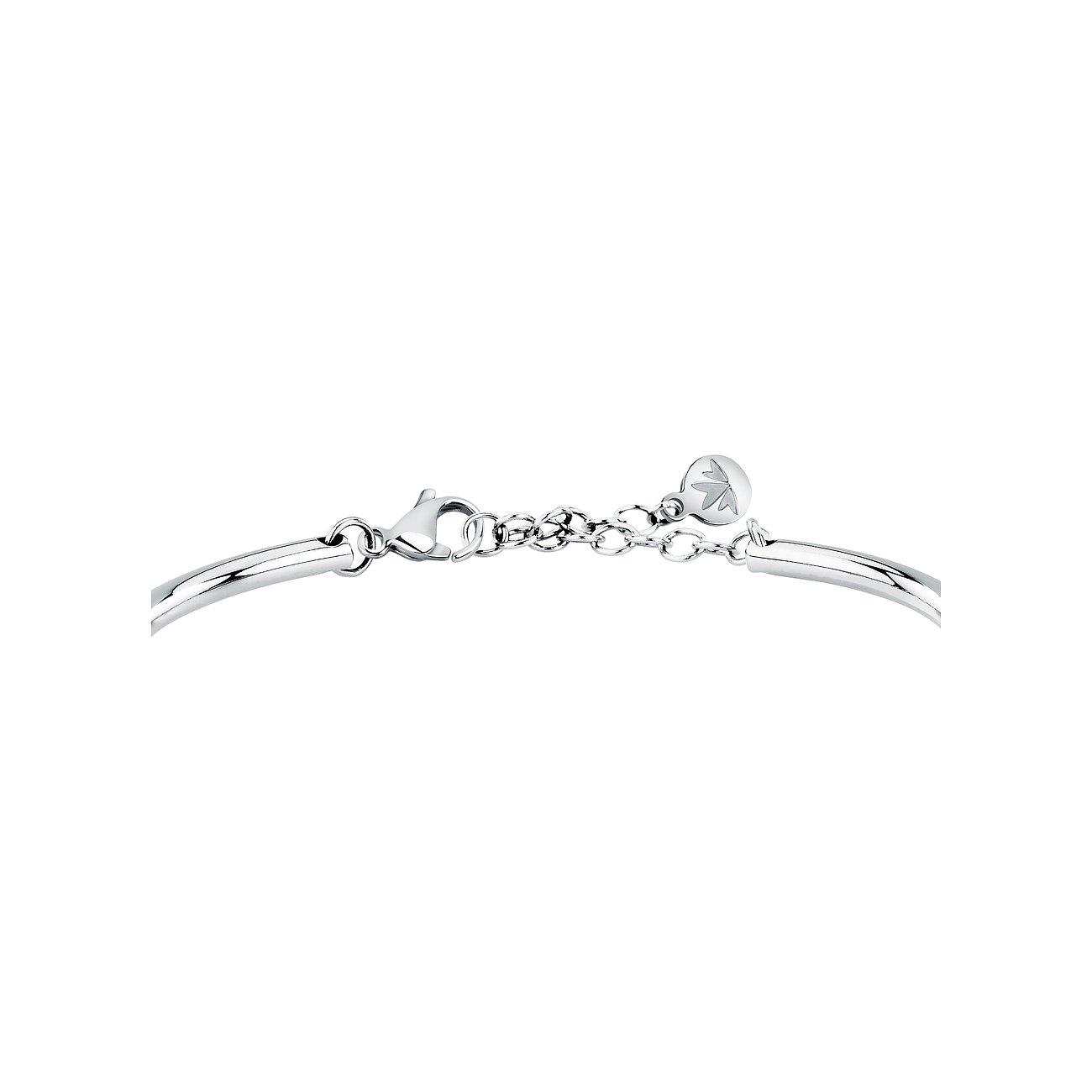 Nærbillede af Morellato armbåndslås i rustfrit stål, med karabinhage og forlængerkæde.