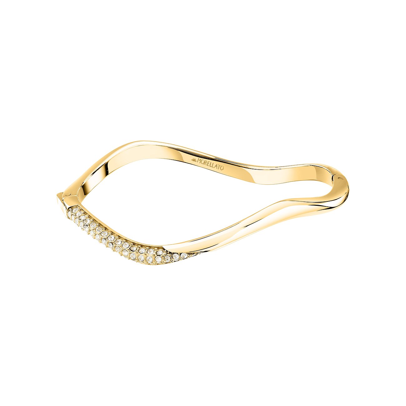 Morellato Armreif aus goldfarbenem Edelstahl mit gewelltem Design und einer Reihe klarer Kristall Schmucksteine.