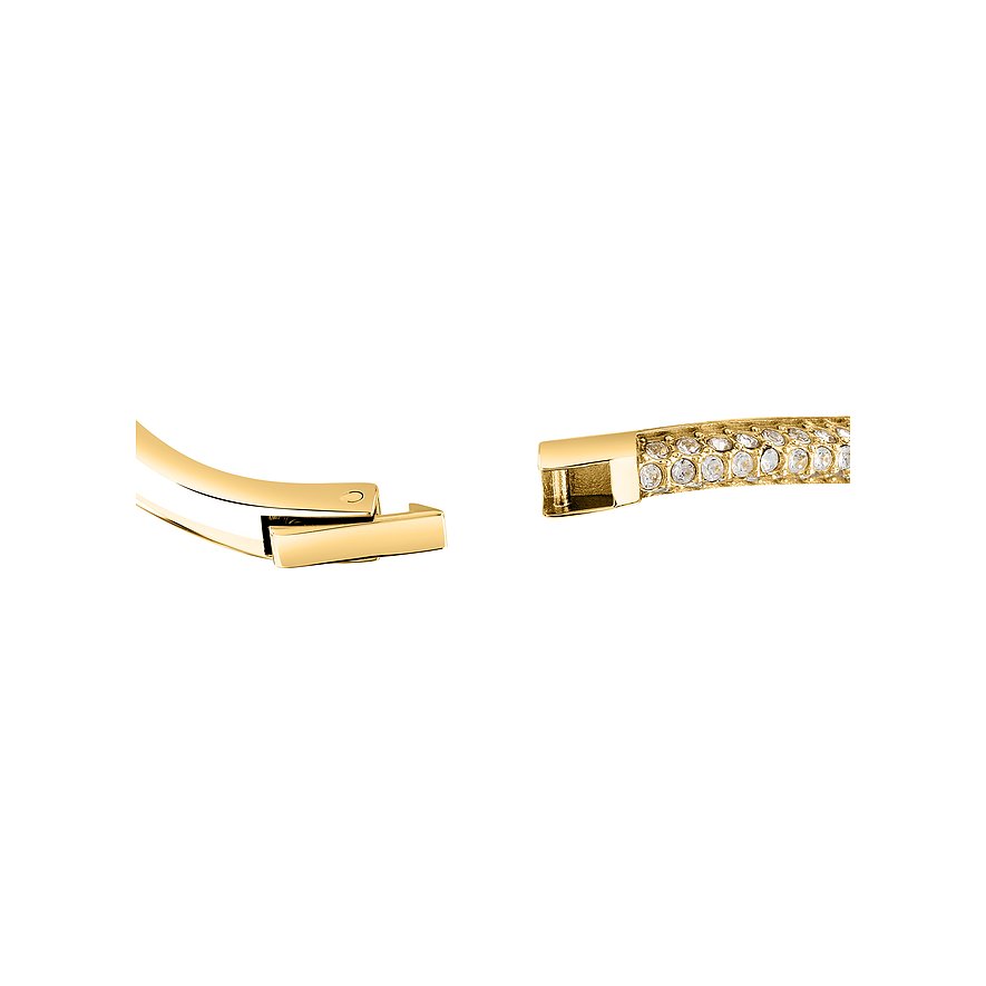 Nahaufnahme eines goldenen Morellato Armschmucks aus Edelstahl mit Kristallbesatz und offenem Verschluss.