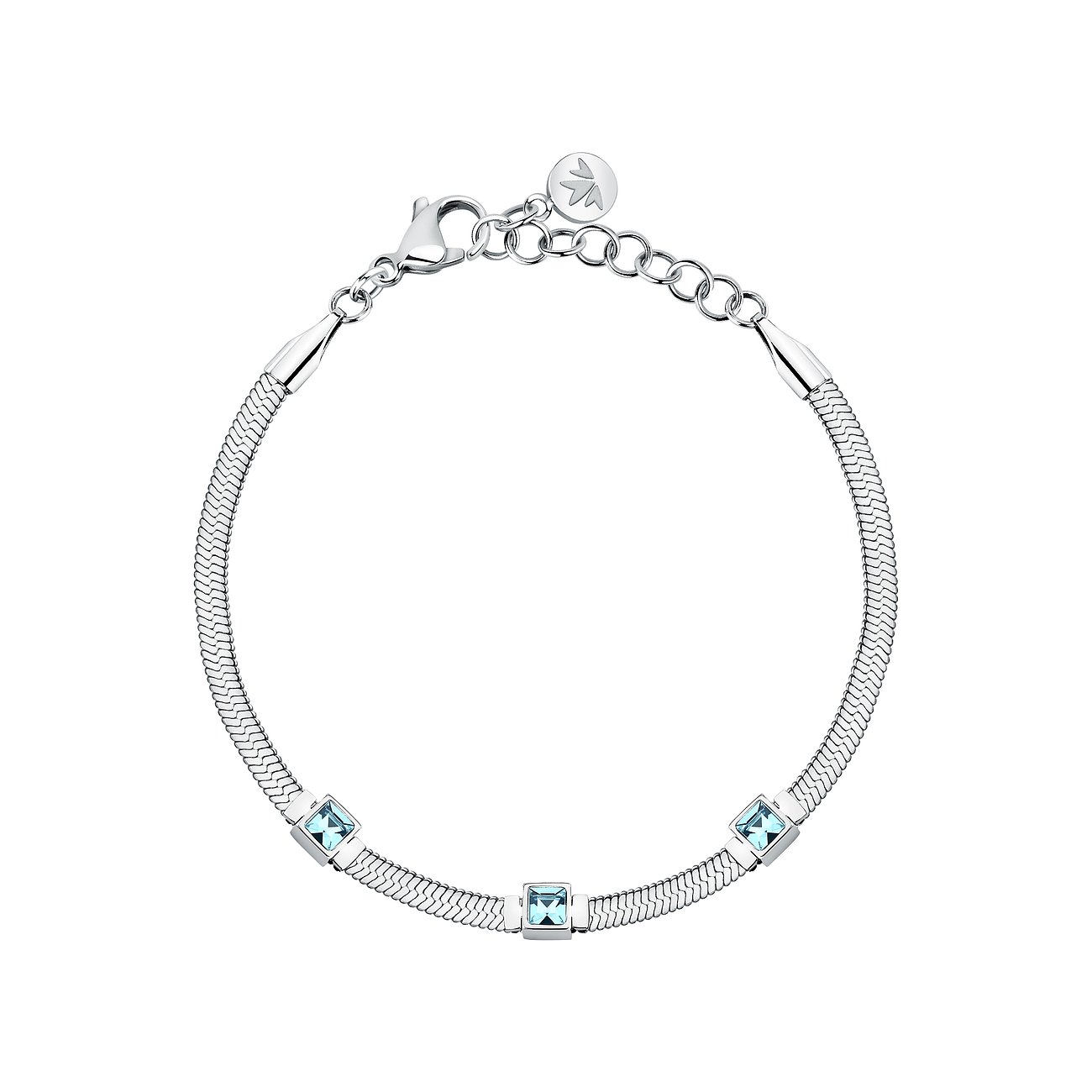 Morellato Armband aus Edelstahl mit Schlangenkette und drei quadratischen blauen Kristall-Farbsteinen.