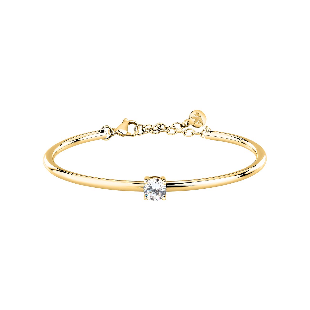 Bracciale Morellato in acciaio dorato, zircone centrale trasparente, con chiusura e catenella di estensione.