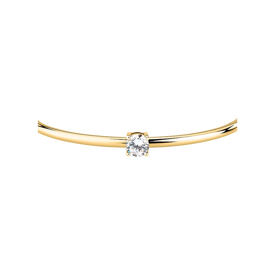 Primo piano di un bracciale Morellato color oro in acciaio inossidabile con un'unica zirconia rotonda.