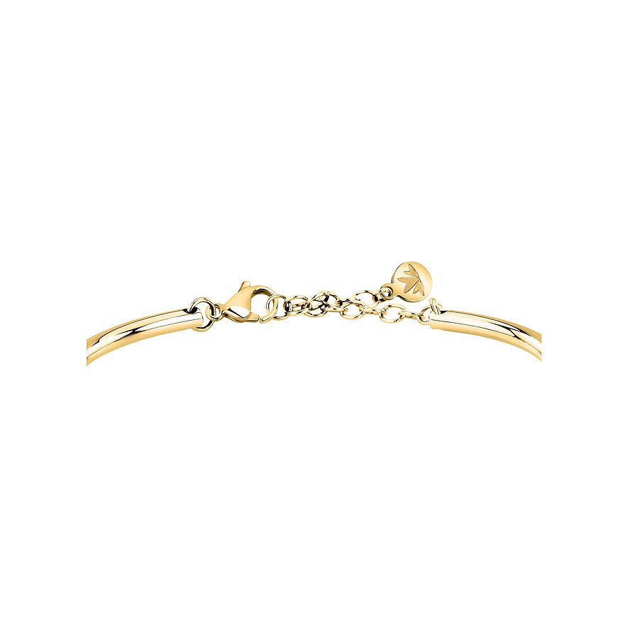 Dettaglio bracciale Morellato in acciaio inossidabile placcato oro con chiusura a moschettone e catena di prolunga.