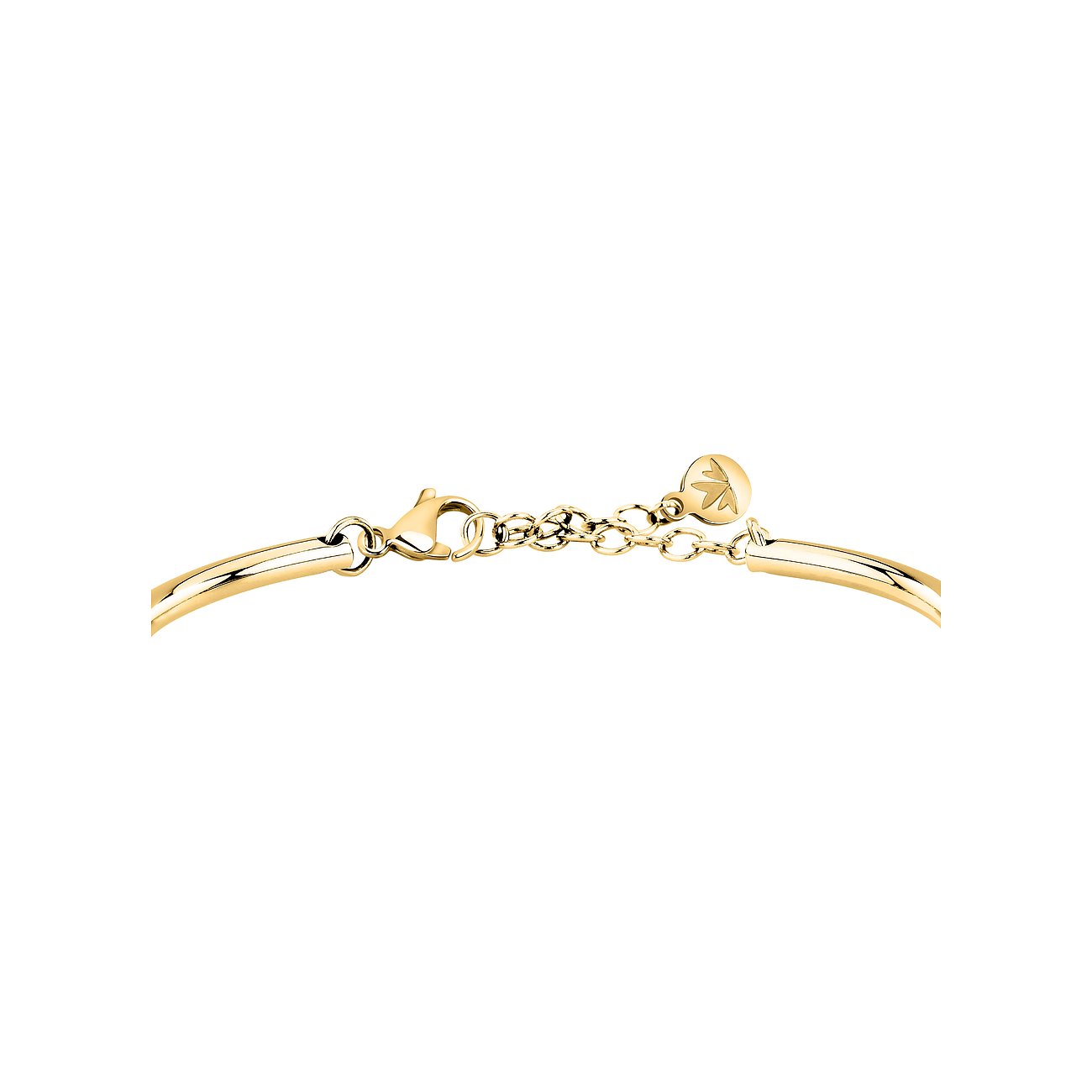 Dettaglio bracciale Morellato in acciaio inossidabile placcato oro con chiusura a moschettone e catena di prolunga.