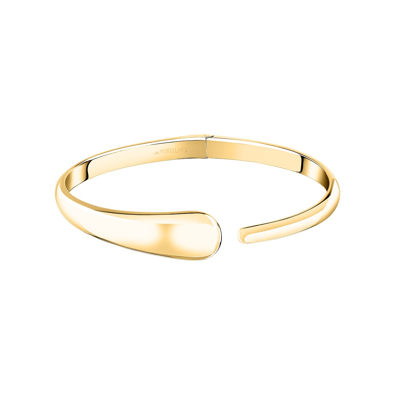 Ein glänzendes, goldfarbenes Morellato Armband aus Edelstahl mit offenem Design und abgerundeten Enden.