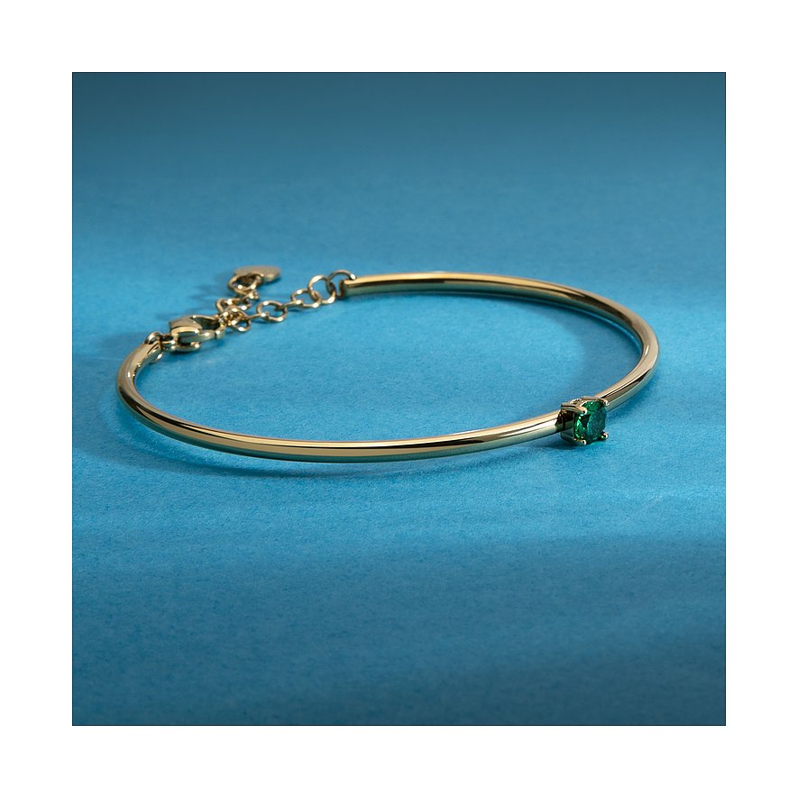 Morellato Armreif aus goldenem Edelstahl mit einem grünen Zirkonia-Farbstein in der Mitte von oben.