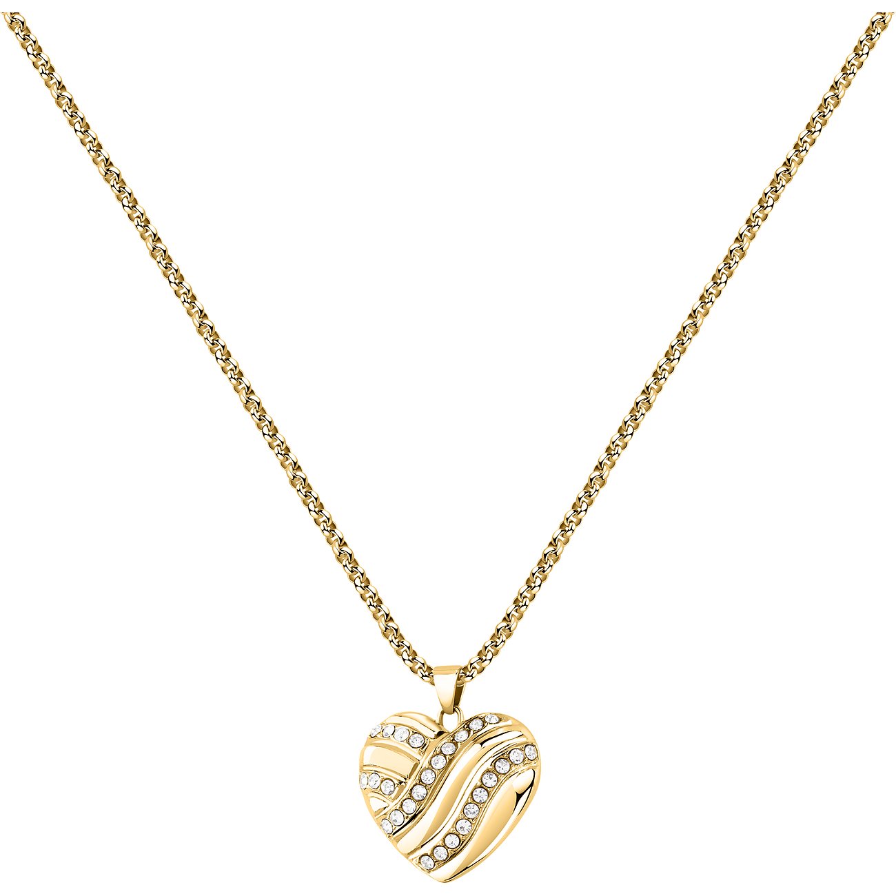 Collana cuore Morellato in acciaio inossidabile color oro con strisce ondulate di cristalli scintillanti.