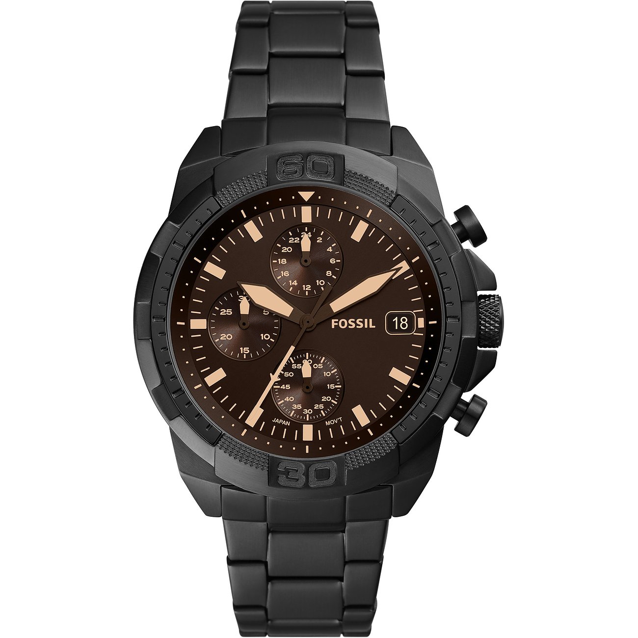 Fossil Herrenuhr aus schwarzem Edelstahl mit braunem Zifferblatt und Chronographenfunktionen.