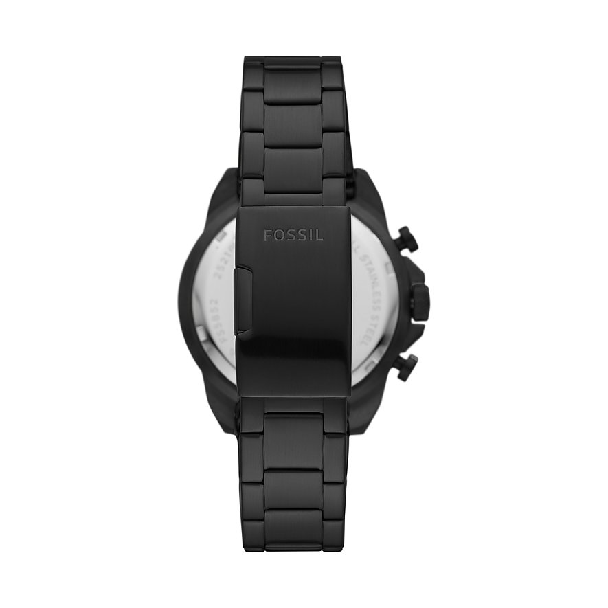 Rückseite einer Fossil Herrenuhr aus schwarzem Edelstahl mit Gravuren wie 