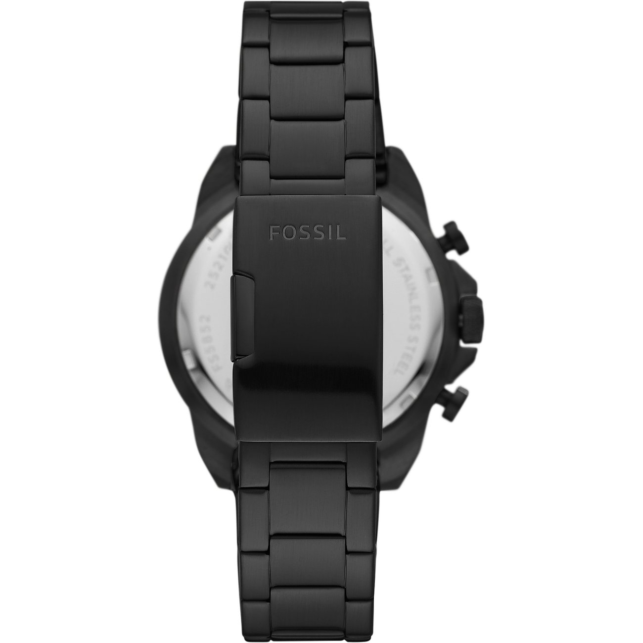 Rückseite einer Fossil Herrenuhr aus schwarzem Edelstahl mit Gravuren wie 